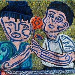 FRENCH 

Focus sur une partie de l´œuvre « Socialiq Khiq » ဆ ရ ယ လစ ခ တ ©️ de @artisthteinlin Htein Lin, Birman à renommée mondiale:

Nous pouvons y voir la fleur qu’un jeune admirateur offre à la jeune fille qu’il courtise, (qu’elle respire, en substitut à tout contact charnel - le mot pour un baiser et pour l’odeur sont les mêmes, နမ   (nam))

Dans cette peinture, Htein Lin poursuit sa pratique commencée alors qu’il était en prison, consistant à peindre avec ses doigts sur de vieux vêtements. Les scènes sont chacune capturées dans un morceau de tissu différent et représentent l’isolement de la Birmanie pendant cette période, de même que l’emprisonnement pendant ce long « khiq ».

Retrouver l´œuvre dans son intégralité à la galerie #RetourDeVoyage pour l´exposition "Le Baiser" ou sur notre site 
➡️ https://urlz.fr/i9vX

ENGLISH

Focus on part of the work "Socialiq Khiq" ဆ ရ ယ လစ ခ တ ©️ by @artisthteinlin Htein Lin, worldwide fame :

In it we can see the flower that a young admirer offers to the girl he is courting, (which she breathes in, as a substitute for any carnal contact - the word for a kiss and for the smell are the same, နမ (nam))

In this painting, Htein Lin continues his practice begun while in prison of finger painting on old clothes. The scenes are each captured in a different piece of cloth and represent the isolation of Burma during this period, as well as the imprisonment during this long "khiq".

Find the work in its entirety at the #RetourDeVoyage gallery for the exhibition "The Kiss" or on our website
➡️ https://urlz.fr/i9vX

#hteinlin #Myanmar #artiste #peintre #lebaiser #soutienmyanmar #soutien #artiste #libertedexpression #artisteemprisonne #Birmanie #khiq #engagement #art